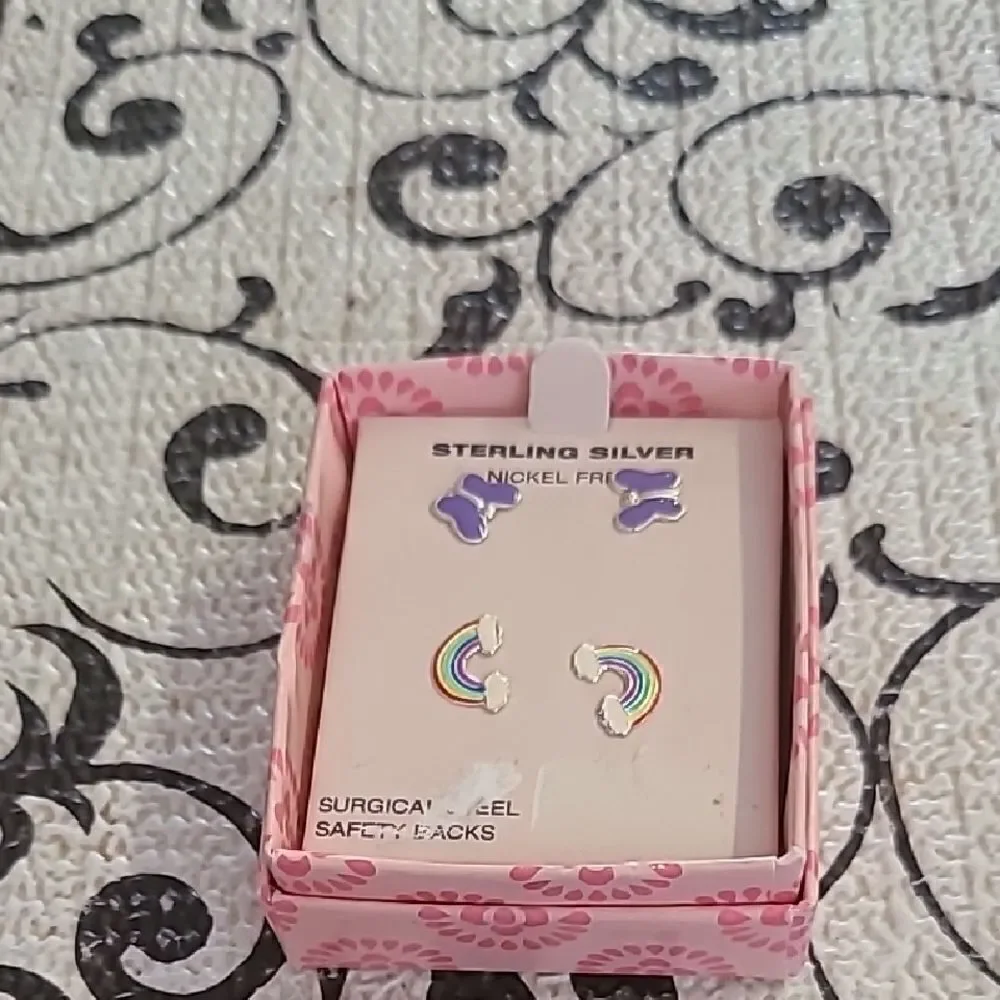 Sterling Silver Kids Earrings - Purple and Rainbow